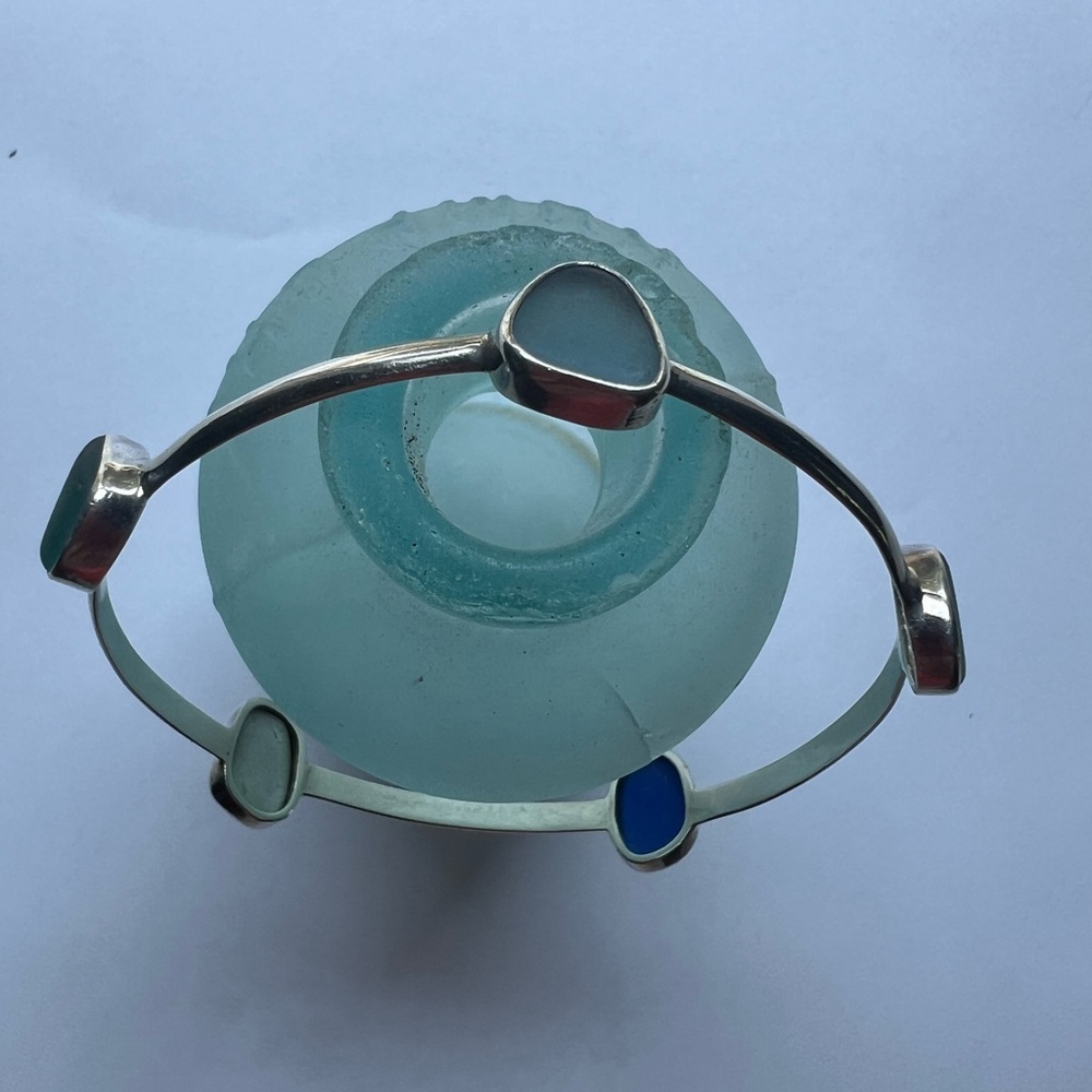 NEW Lita Sea Glass Sterling Silver Bangle Bracelet 5 Stones Extremely Rare - Picture 5 of 8